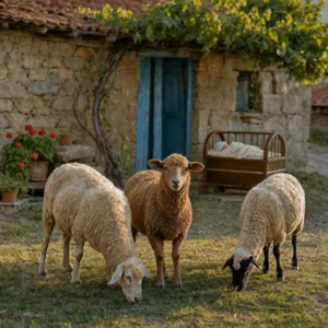 Three sheep grazing in front of a stone village house, with a baby sleeping in a cradle in the background