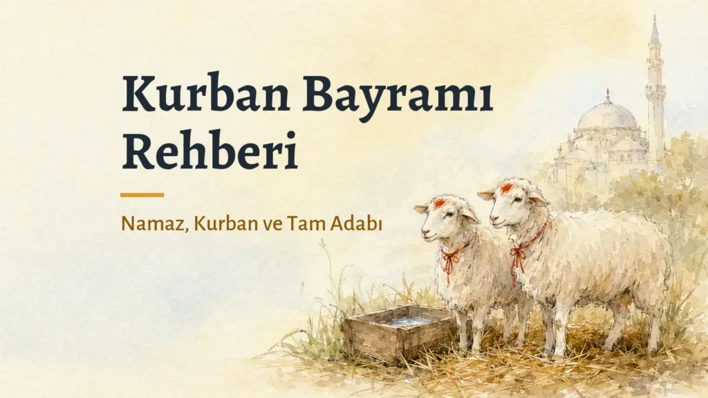 Kurban Bayramı Rehberi: Namaz, Kurban ve Tam Adabı 4 Kurban Bayramı Rehberi: Namaz, Kurban ve Tam Adabı — alnı kınalı iki koyun ve uzakta cami, suluboya