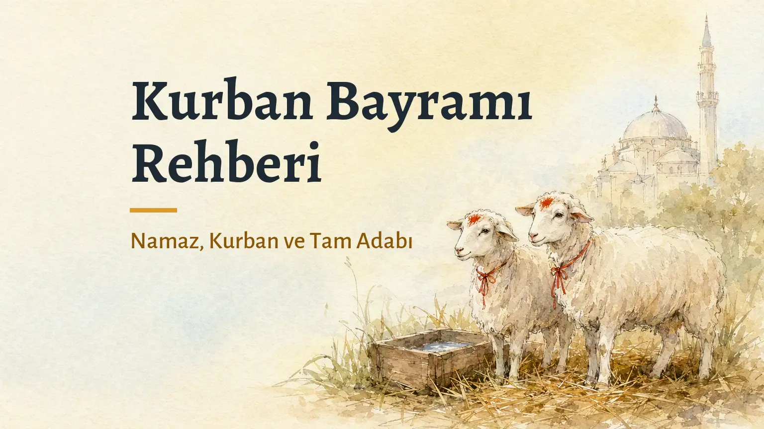 Kurban Bayramı Rehberi: Namaz, Kurban ve Tam Adabı — alnı kınalı iki koyun ve uzakta cami, suluboya