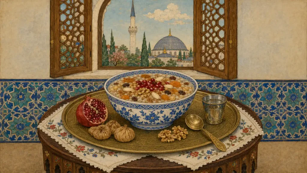 In a room with tiled walls, a bowl of aşure garnished with pomegranate, walnuts, and apricots sits on a rice tray; the mosque is visible through the window
