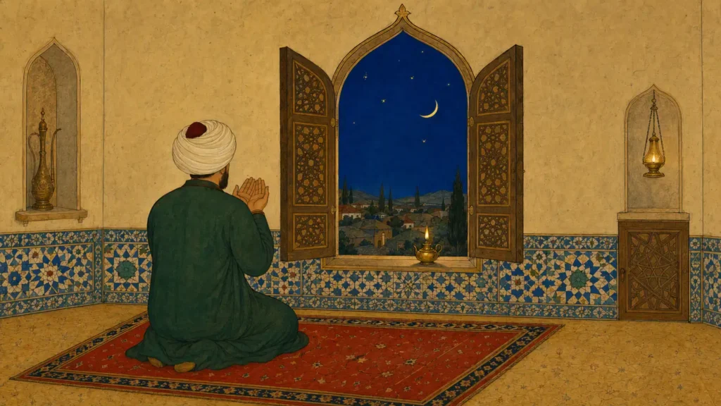 Regaip Kandili — a man turning toward the window on the night of the new moon, praying with his hands outstretched, a miniature