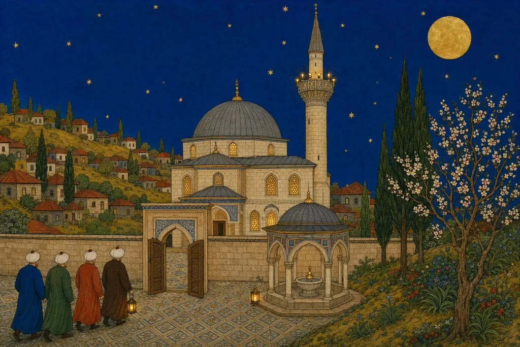 Berat Kandili — dolunay altında kandilleri yanan cami, minyatür