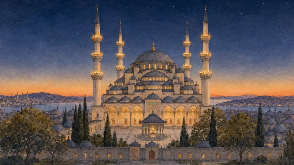 Laylat al-Qadr — A mosque in Istanbul with its lamps lit as dawn approaches, watercolor
