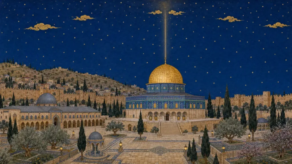 Miraj Night — The Dome of the Rock and Al-Aqsa Mosque on a starry night, miniature