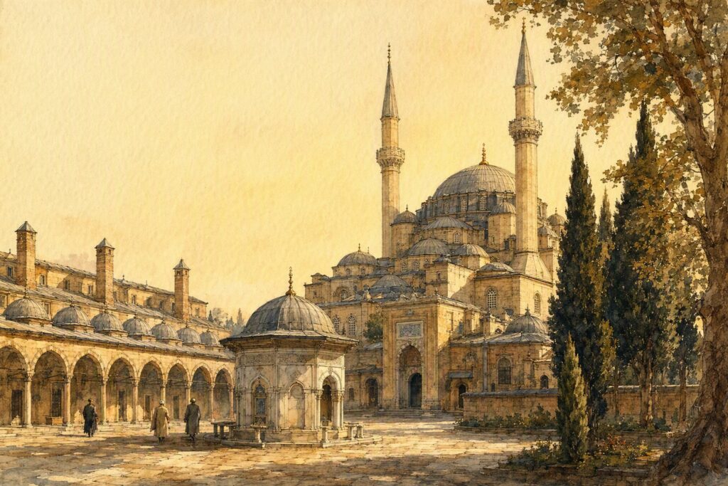 Osmanlı'da vakıflar eliyle kurulan bir külliyenin avlusu: cami, revaklı medrese ve imaret