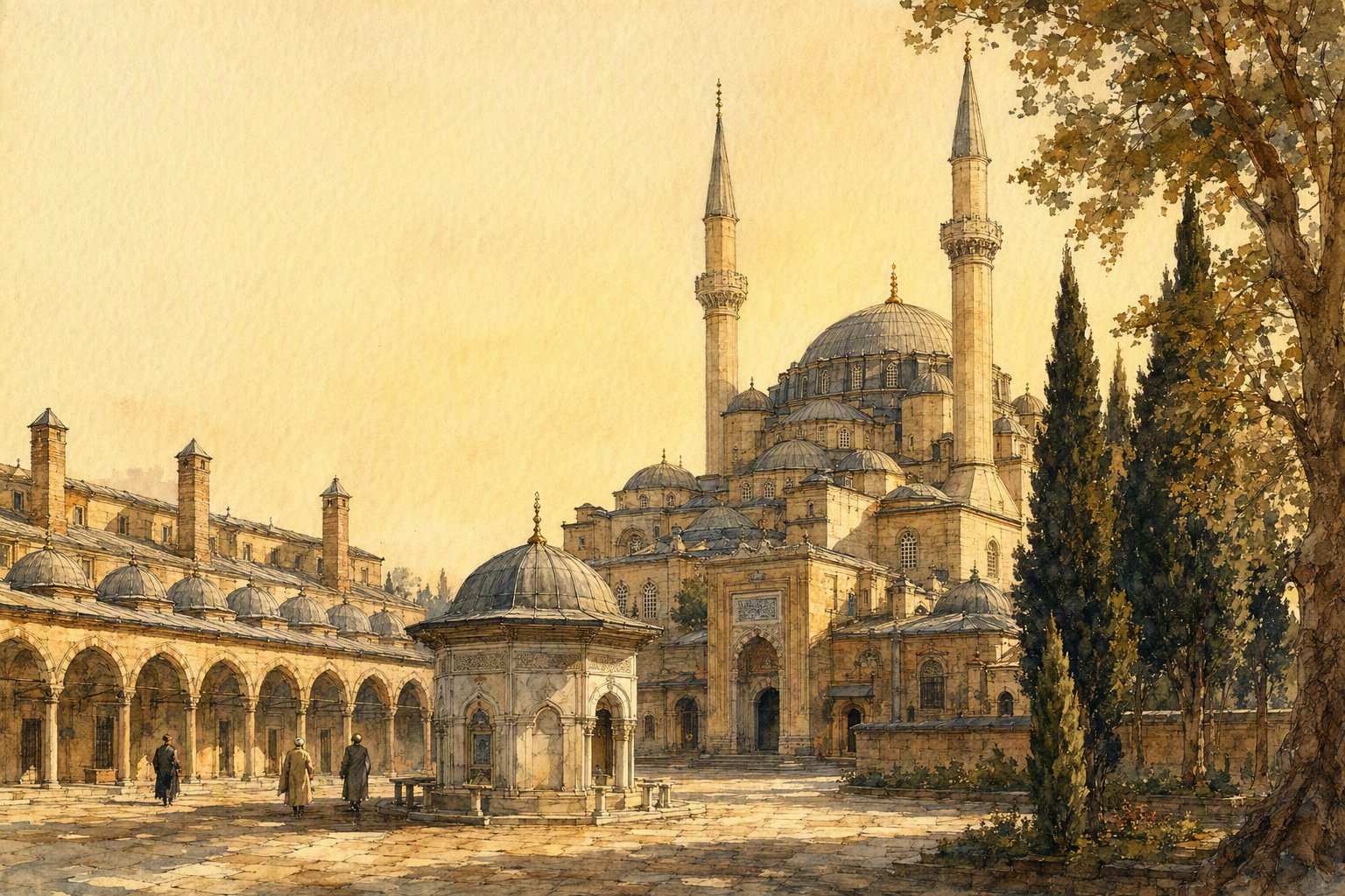 Osmanlı'da vakıflar eliyle kurulan bir külliyenin avlusu: cami, revaklı medrese ve imaret