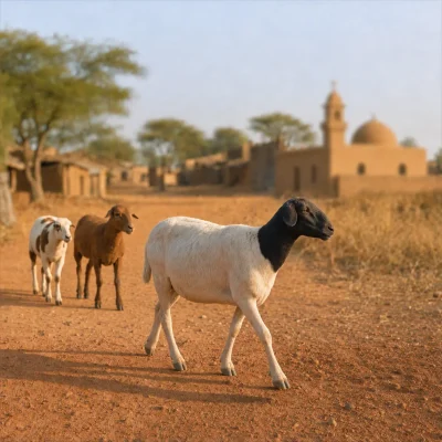 Afrika'da köy camisine giden toprak yolda yürüyen üç koyun
