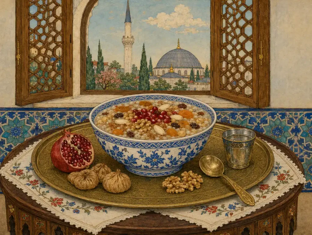 In einem mit Kacheln verzierten Raum steht auf einem Reistablett eine Schale mit Aşure, garniert mit Granatapfel, Walnüssen und Aprikosen; vom Fenster aus ist die Moschee zu sehen