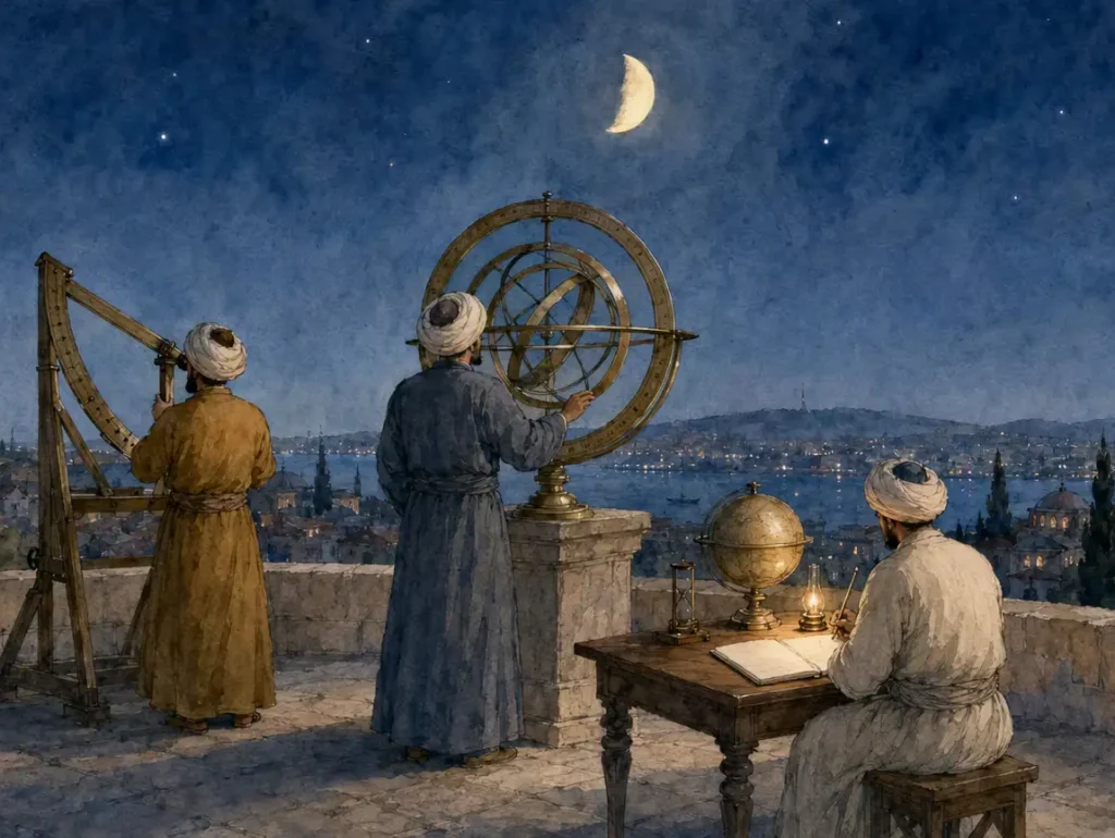Auf der Terrasse der osmanischen Sternwarte beobachten Astronomen den Halbmond: Einer nimmt mit einem Zirkel die Position auf, ein anderer justiert die Himmelskugel, ein weiterer macht sich Notizen