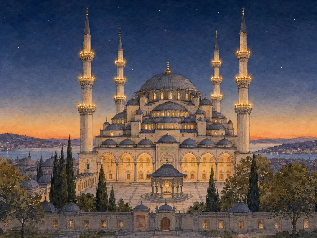 Die Nacht der Bestimmung – eine Moschee in Istanbul, deren Lampen bis zum Morgengrauen brennen, Aquarell