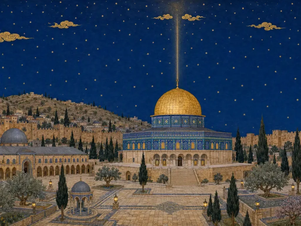 Miraç-Kandil – Kubbetü's-Sahra und die Al-Aqsa-Moschee in einer Miniaturdarstellung in einer sternenklaren Nacht