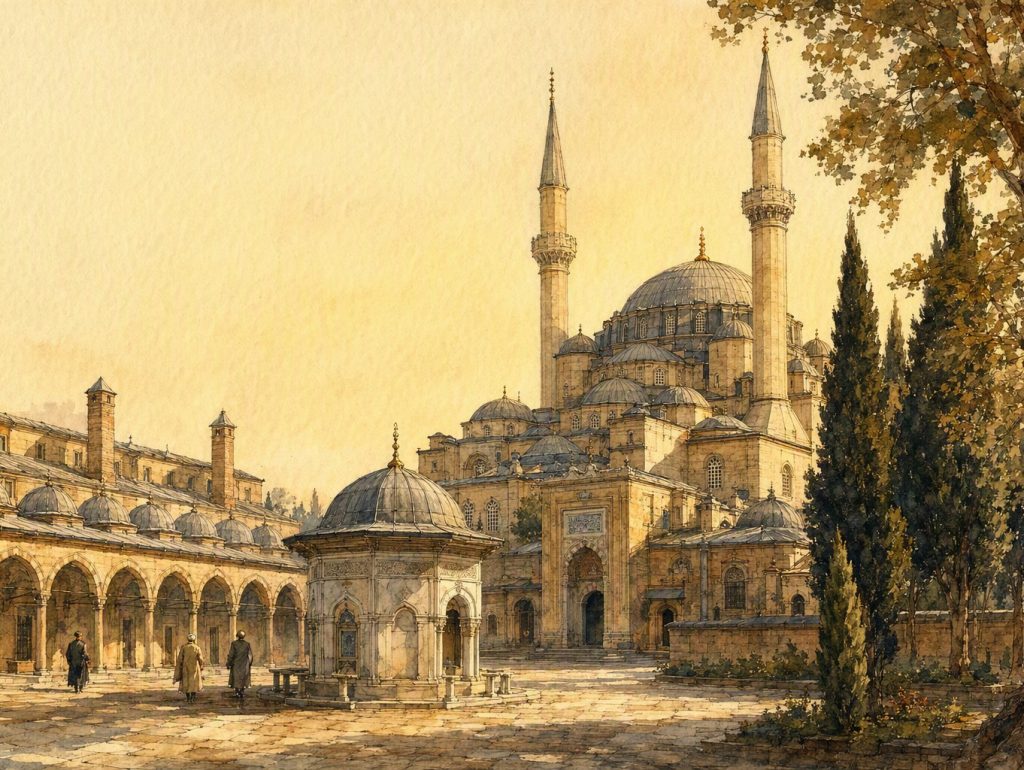 Osmanlı'da vakıflar eliyle kurulan bir külliyenin avlusu: cami, revaklı medrese ve imaret