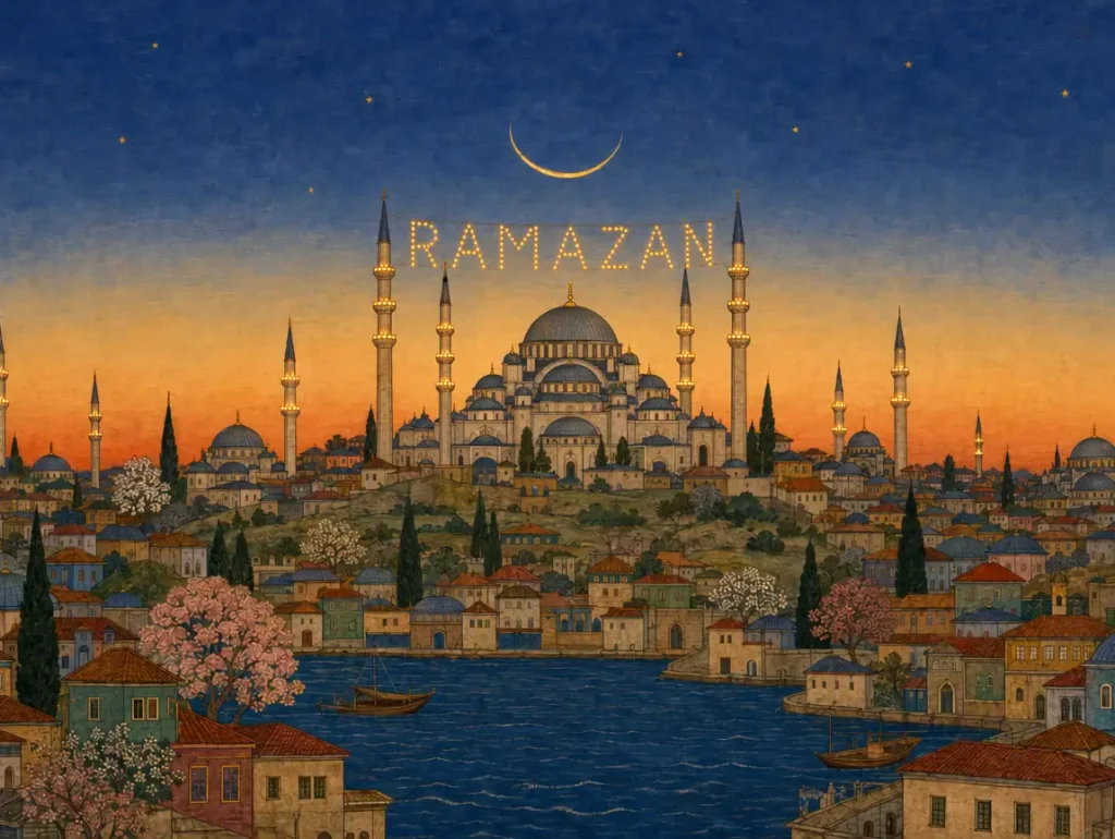 Nach Sonnenuntergang der schmale Ramadan-Halbmond über den Moscheen Istanbuls und die Aufschrift „RAMAZAN“ zwischen zwei Minaretten