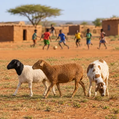 Afrika’da bir köyde yürüyen ve otlayan üç koyun, arkada top oynayan çocuklar