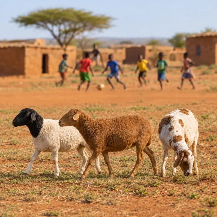 Afrika’da bir köyde yürüyen ve otlayan üç koyun, arkada top oynayan çocuklar