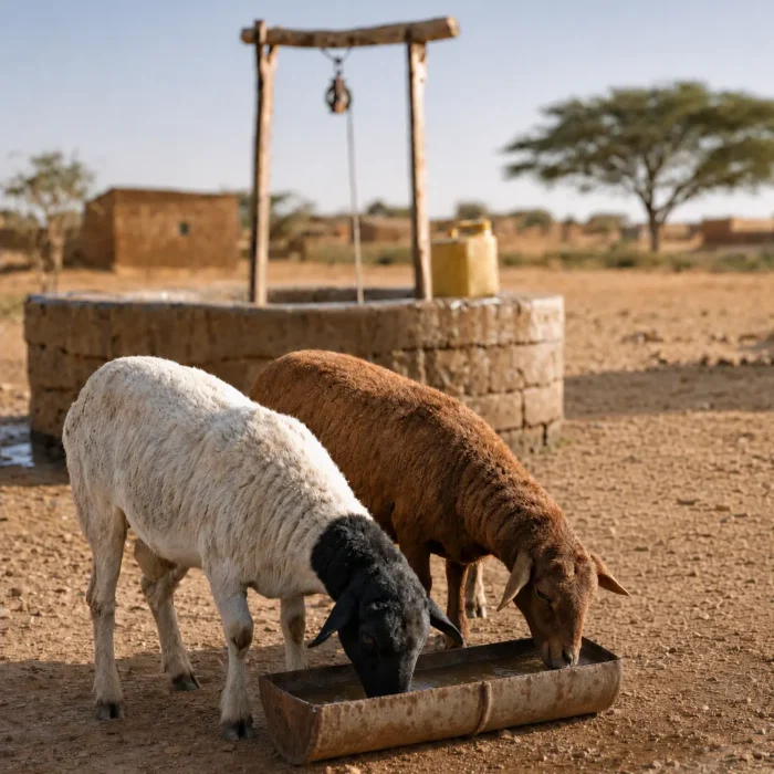 Two sheep drinking water from a trough next to a village well in Africa