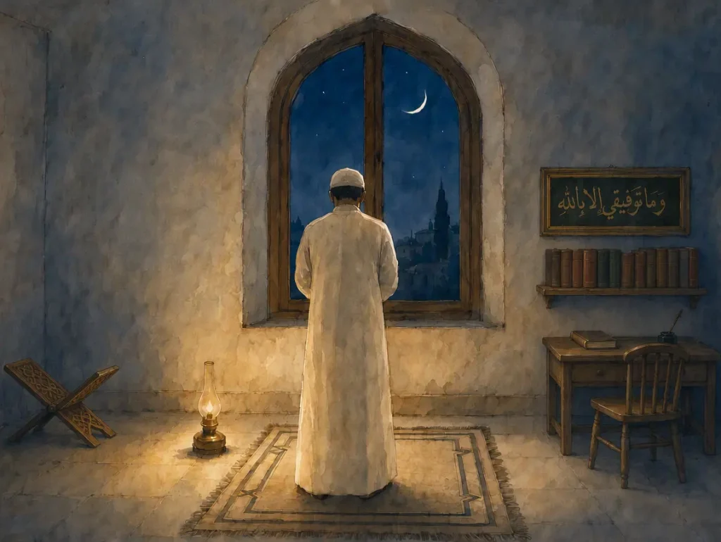 Ein Mann, der spät in der Nacht in seinem Zimmer auf einem Gebetsteppich, der zum Fenster hin ausgerichtet ist, das Tahajjud-Gebet verrichtet; durch das Fenster sind der Halbmond und die Sterne zu sehen