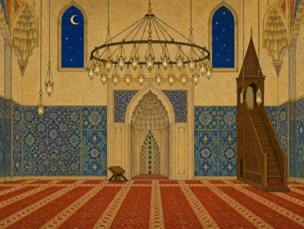 Das leere Innere der Moschee, beleuchtet von einem Kandilli-Kronleuchter: Gebetsreihen auf dem Teppich, der Mihrab und die hölzerne Kanzel